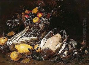 A Still Life Of Fruit In A Straw Basket, Together With Asparagus, Artichokes, Cardoons, Lemons, Mushrooms And A Duck A Still Life Of Fruit In A Straw Basket, Together With Asparagus, Artichokes, Cardoons, Lemons, Mushrooms And A Duck