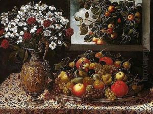 Still Life Of Apples, Pears, Grapes, Plums And Figs On A Parcel-gilt Platter, Together With A Sculpted Gilt Ewer Containing A Bouquet Of Carnations And Narcissi, Upon A Table by Tomas Hiepes