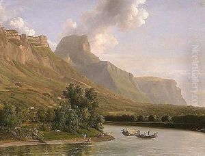An Alpine Landscape With Figures Bathing And Fishermen In Their Boats Nearby