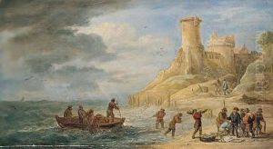 A Coastal Scene With Fishermen Bringing Their Catch Ashore Near A Castle A Coastal Scene With Fishermen Bringing Their Catch Ashore Near A Castle