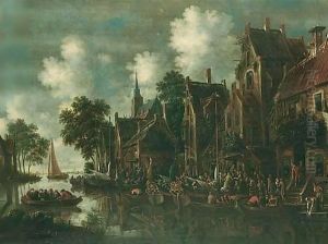 A River Landscape With Numerous Figures Conversing And Loading Their Wares Onto Fishing Boats Outside An Inn