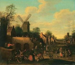 A Scene In A Dutch Village With Beggars And Numerous Figures By A Windmill