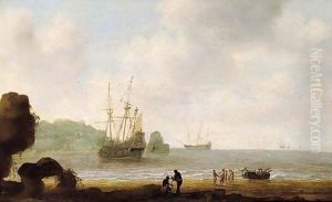 A Tropical Coastal Scene With A Rowing Boat Coming Ashore On A Beach, Other Shipping Vessels Beyond