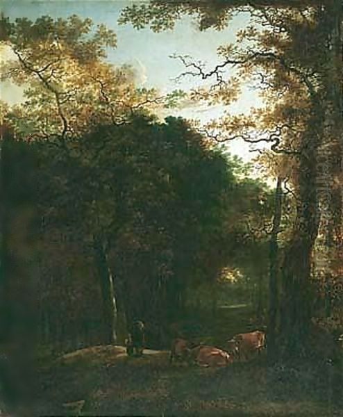 A Wooded Landscape With Cattle And Figures In A Woodland Clearing - view 1