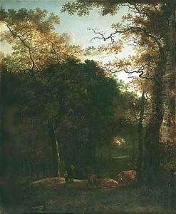 A Wooded Landscape With Cattle And Figures In A Woodland Clearing by Adam Pijnacker