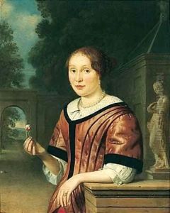 Portrait Of A Lady, Half-length, Wearing Pink, Holding A Rose, In An Ornamental Garden