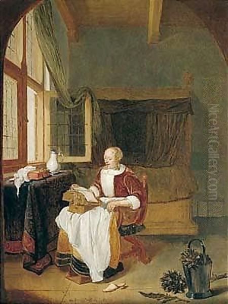 An Interior With A Woman Reading By An Open Window - view 1