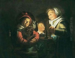 Children Playing With A Dog By Candlelight by Jan Miense Molenaer