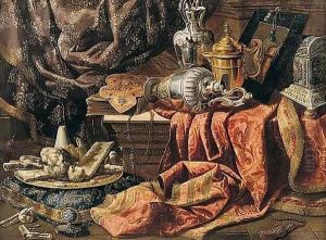 Still Life Of Gilt And Silver Ewers, A Mirror, A Chest, Sweetmeats On A Gilt Platter And Embroidered Cloths
