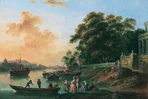 A View, Possibly On The River Seine With The Cathedral Of Notre-dame Beyond, With Elegant Figures At Leisure And A Palace Nearby