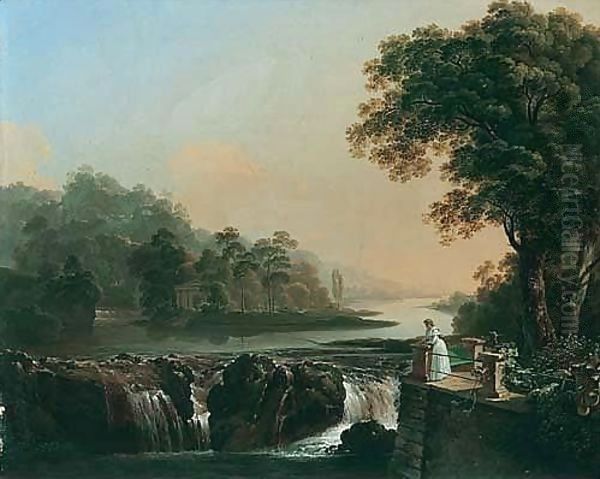 A River Landscape With A Young Girl Standing On A Terrace Overlooking A Waterfall, A Classical Temple On An Island Beyond - view 1