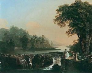 A River Landscape With A Young Girl Standing On A Terrace Overlooking A Waterfall, A Classical Temple On An Island Beyond