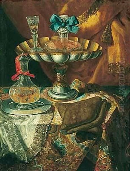 Still life of a wine glass and bottle in a parcel gilt tazza together with a glass decanter on a pewter dish upon a draped tabletop - view 1
