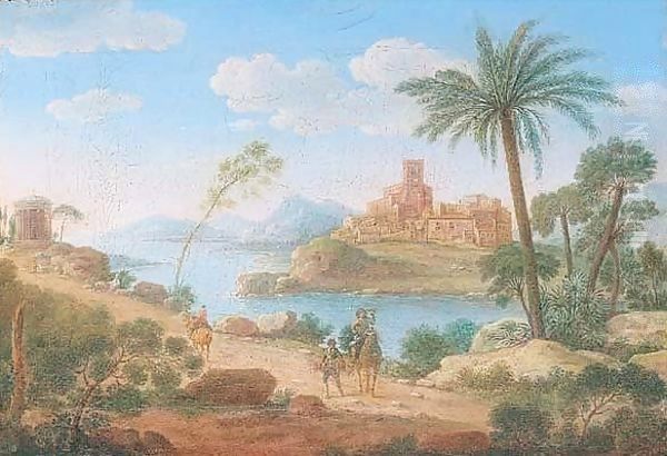 An Italianate Landscape With A Falconer On A Path Near A Classical Rotunda, An Island Town Beyond - view 1