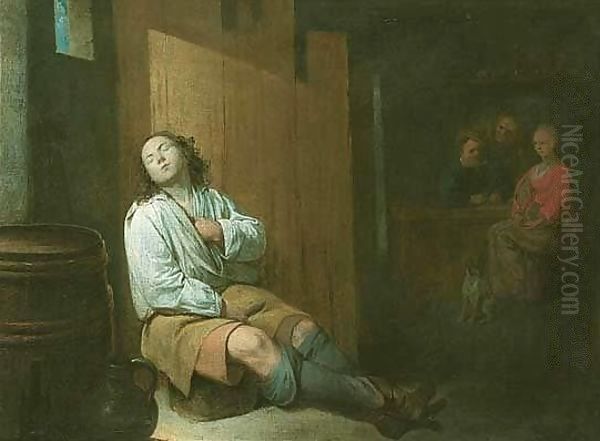 An Interior With A Young Man Sleeping In The Foreground, Other Figures Beyond - view 1