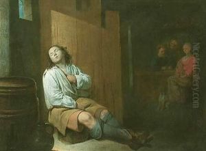 An Interior With A Young Man Sleeping In The Foreground, Other Figures Beyond by David The Younger Ryckaert