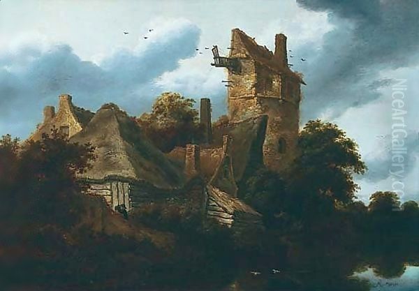 A River Landscape With Hunters And Fishermen Near Rustic Buildings - view 1