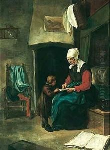 A domestic interior wtih an old maid teaching a young boy to read by Esaias Boursse
