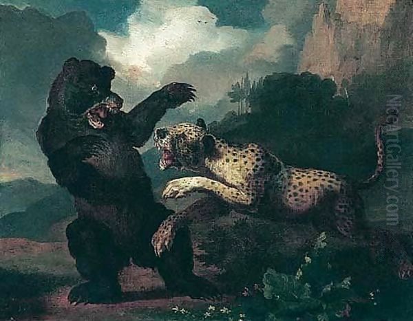 A Mountainous Landscape With A Leopard Attacking A Bear - view 1