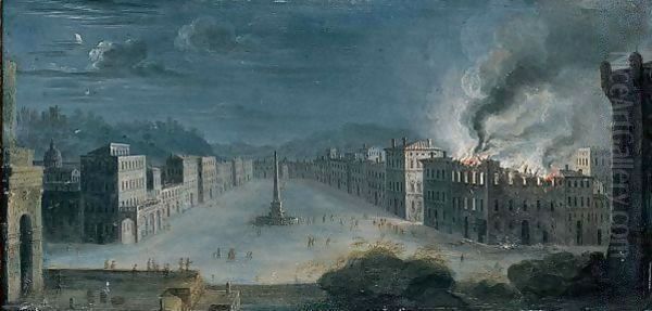 Rome, A View Of Piazza Navona At Night, With Figures Gathering Round A Burning Building - view 1