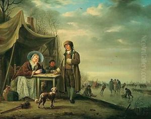 Winter Landscape With Figures Drinking By A Frozen River, Others Skating Beyond
