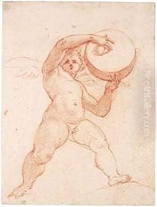 Study Of A Putto Playing A Tambourine by Cristoforo Pomarancio (Roncalli)
