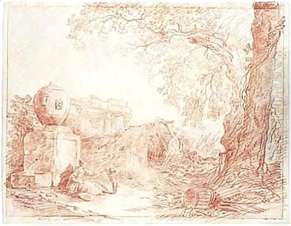 Landscape, With A Girl Playing With A Dog By A Fountain, With Ruins Behind And Trees To The Right - view 1