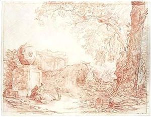 Landscape, With A Girl Playing With A Dog By A Fountain, With Ruins Behind And Trees To The Right by Hubert Robert