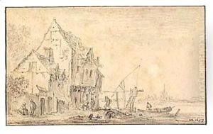Houses And Figures By A River by Jan van Goyen