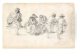 A Sketchbook Page Study Of Five Figures, Seemingly In A Market by Jan van Goyen