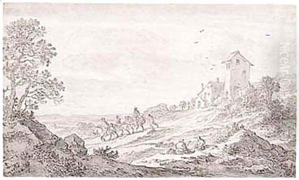 Riders And Another Figure Descending A Road From A House With A Square Tower - view 1