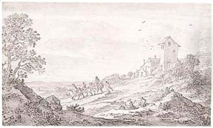 Riders And Another Figure Descending A Road From A House With A Square Tower by Pieter Molijn