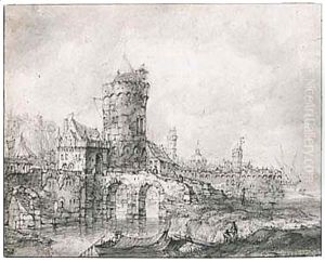 View Of The Fortified Gate And Walls Of A Riverside Town by Jan Abrahamsz. Beerstraten