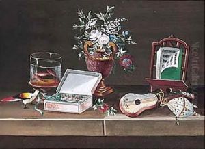 Musical Instruments, Boxes And Flowers by Rene Lelong