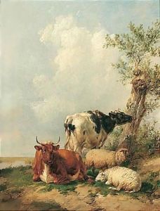 Sheep And Cattle Resting by Thomas Sidney Cooper