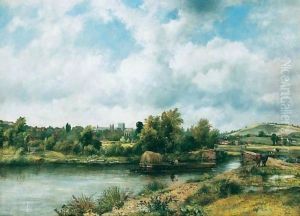 A View Of Winchester From The River Itchen, With A Hay Barge In The Foreground And The Cathederal And St.Catherine's Hill Beyond