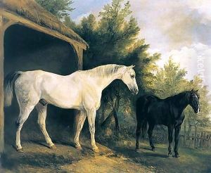 Two Hunters By A Stable With A Landscape Beyond