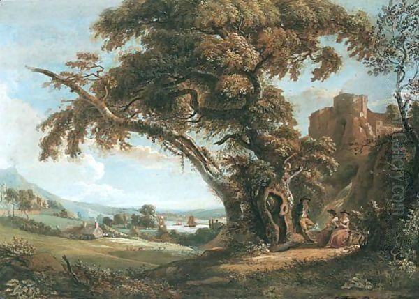 Figures By A Waterfall With A Castle And A River Estuary Beyond - view 1
