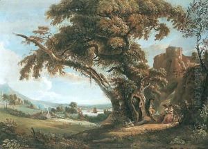Figures By A Waterfall With A Castle And A River Estuary Beyond Figures By A Waterfall With A Castle And A River Estuary Beyond