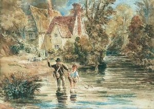 A Man And Child Fishing In A Stream By A Cottage by David Cox