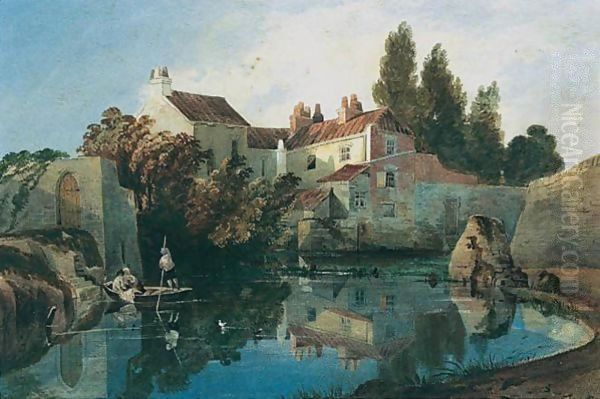 Figures On A Punt On A River, A House Beyond - view 1