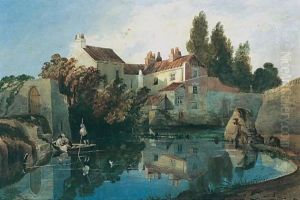 Figures On A Punt On A River, A House Beyond