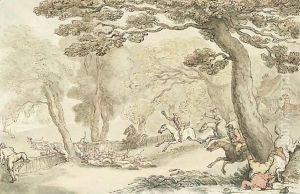 The Kings Buckhounds In Full Cry After A Stag by Thomas Rowlandson