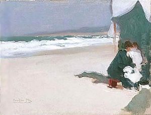 Mujer Y Nino En La Playa (Mother And Child On The Beach) by Cecillio Pla Y Gallardo