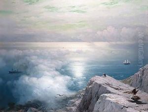 A rocky coastal landscape in the aegean with ships in the distance A rocky coastal landscape in the aegean with ships in the distance