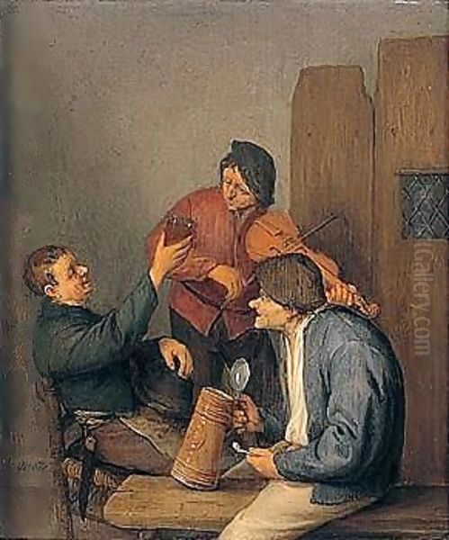 Three Peasants Drinking, Smoking And Playing The Violin In A Tavern Interior - view 1