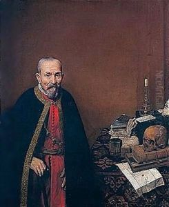 An Old Man Standing Beside A Table With Books, A Candle And A Skull
