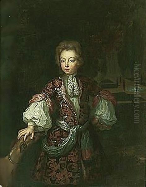 Portrait Of A Boy, Three Quarter Length, In An Ornamental Garden With His Dog - view 1