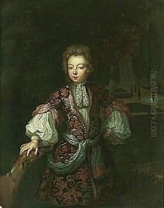 Portrait Of A Boy, Three Quarter Length, In An Ornamental Garden With His Dog