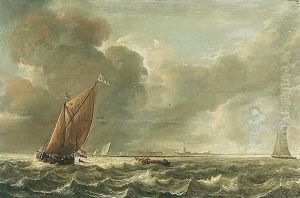 Seascape With A Smalschip And Other Light Vessels In A Stiff Breeze